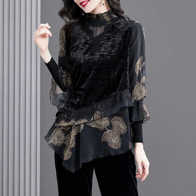 

Women's New Fashion Lace Stitching Velvet Top Middle-aged Mother Autumn Winter Long Sleeve Turtleneck Blouses S-4XL