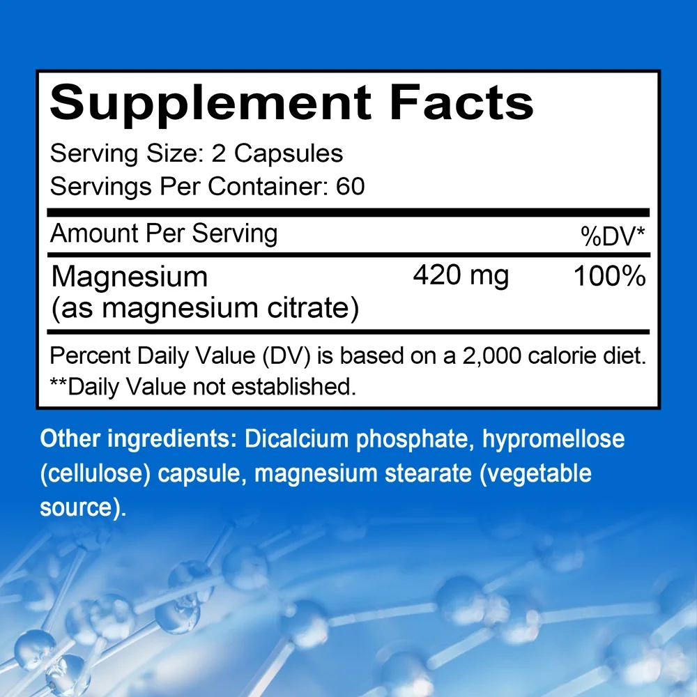 Magnesium Citrate 420mg Per Serving - Supports Muscle, Nerve and Bone Health, 60 Servings, Non-GMO, Vegan