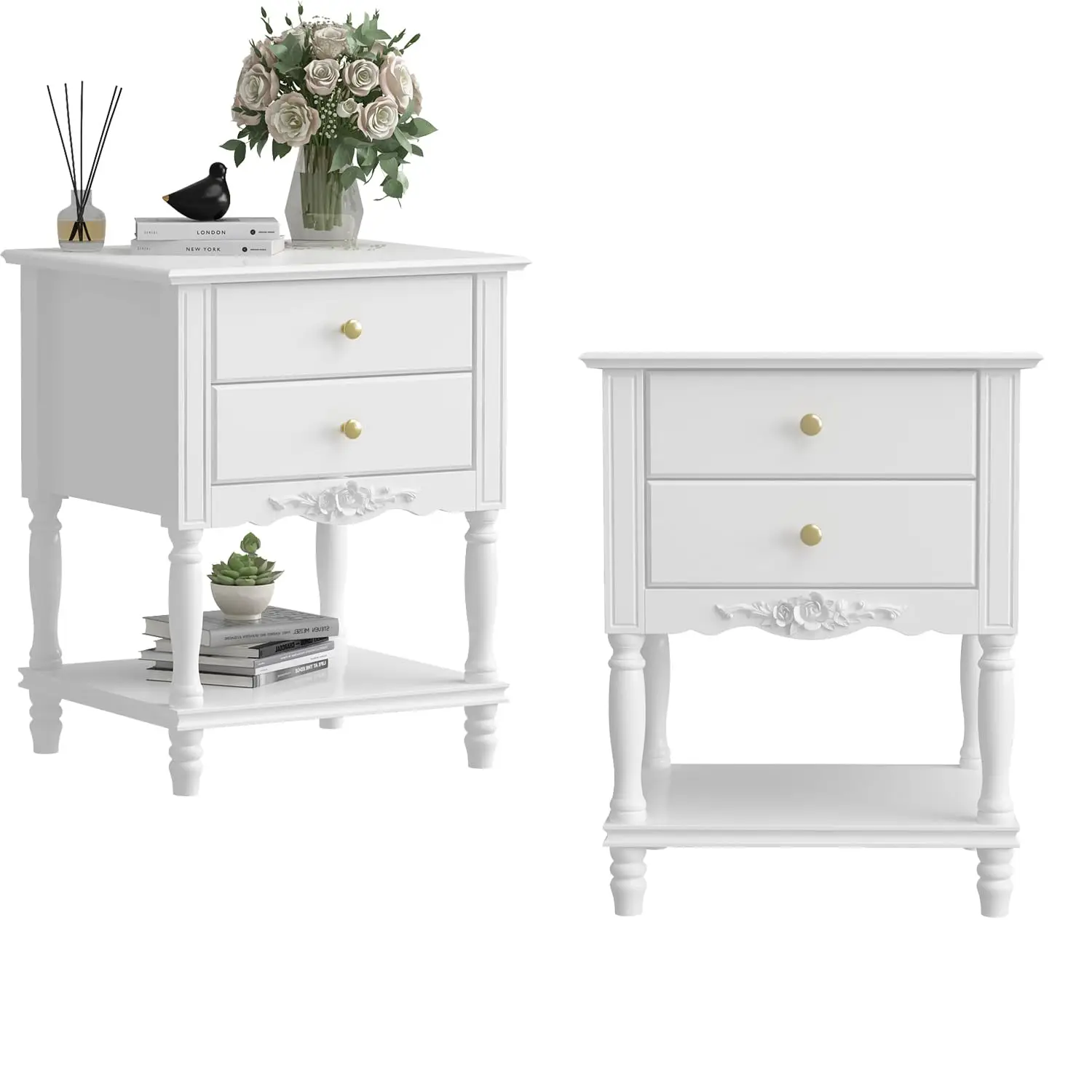 Set of 2 Vintage Wooden Nightstand with 2 Drawers and Bottom Shelf, Elegant Bedside Table End Side Table for, Customized
