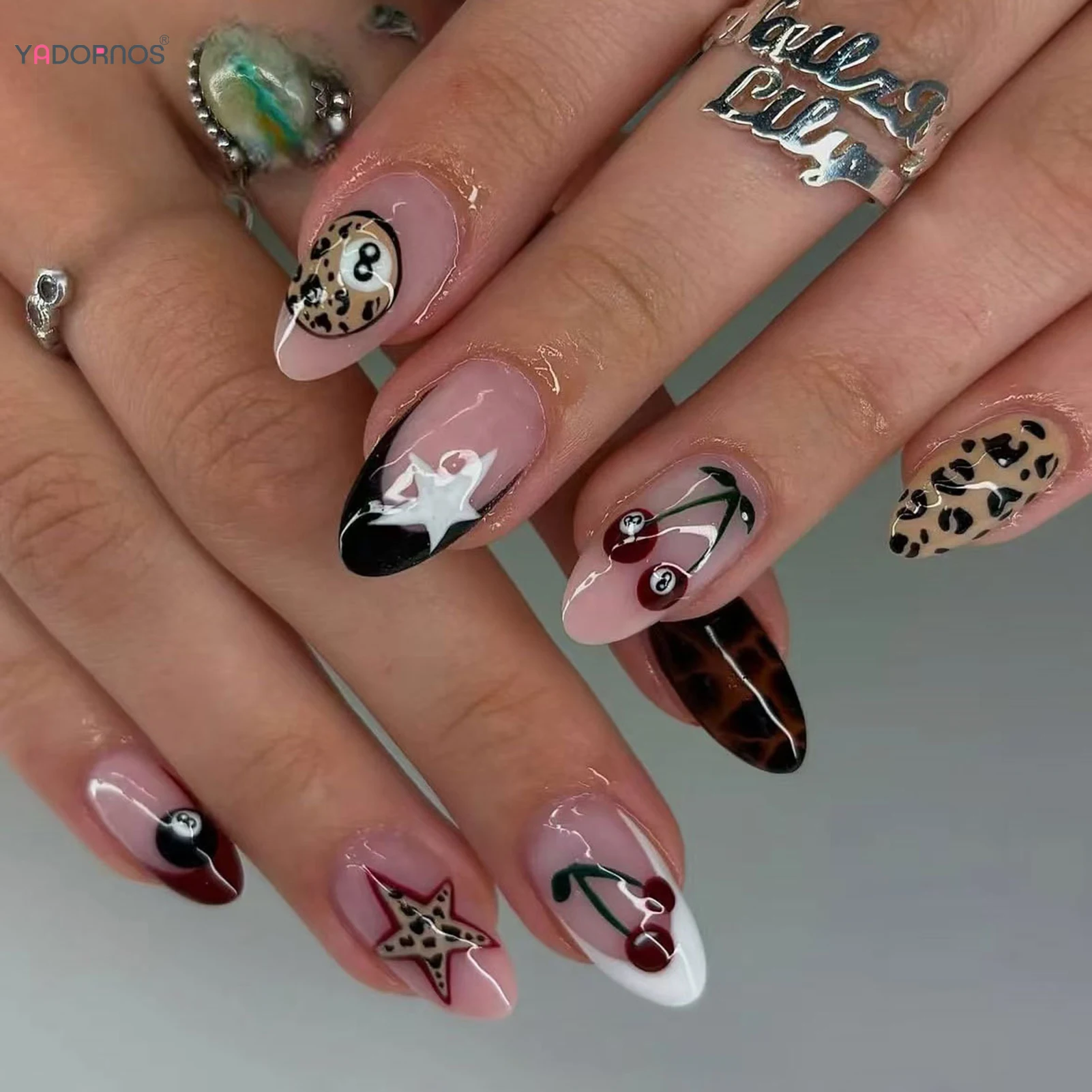 24Pcs False Nails Leopard Star Cherry Prints Table Tennis Press On Nails Glossy Nails for Women Girls DIY Party Wearing