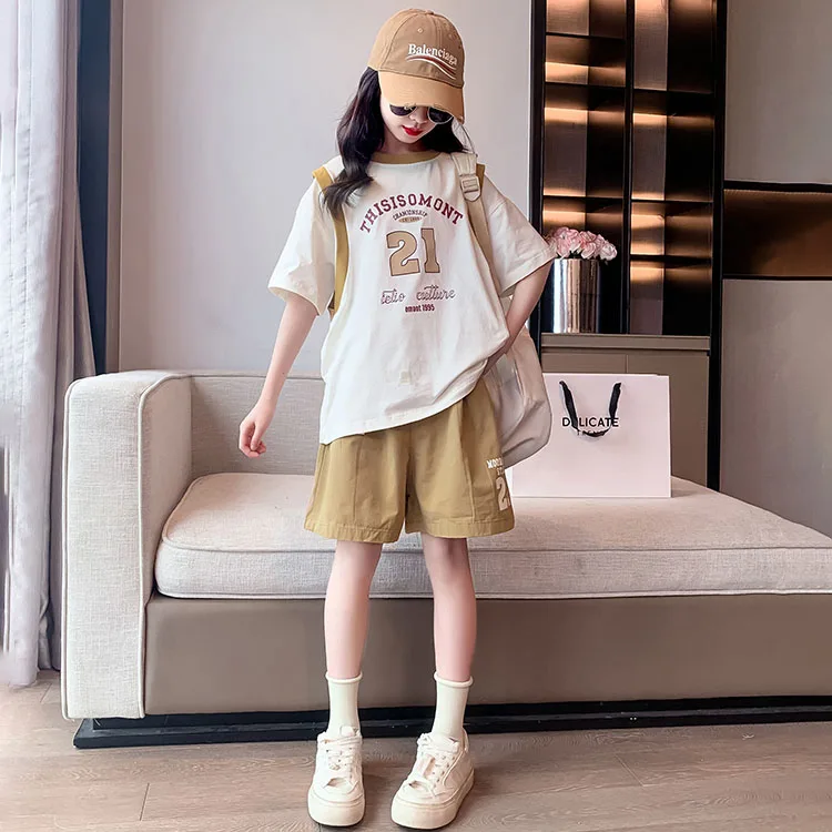 2024 Korean Summer Junior Girl Tracksuit Elementary teen Girl Contrast Letter Printed T-shirt+short School 2-Piece clohtes Sets