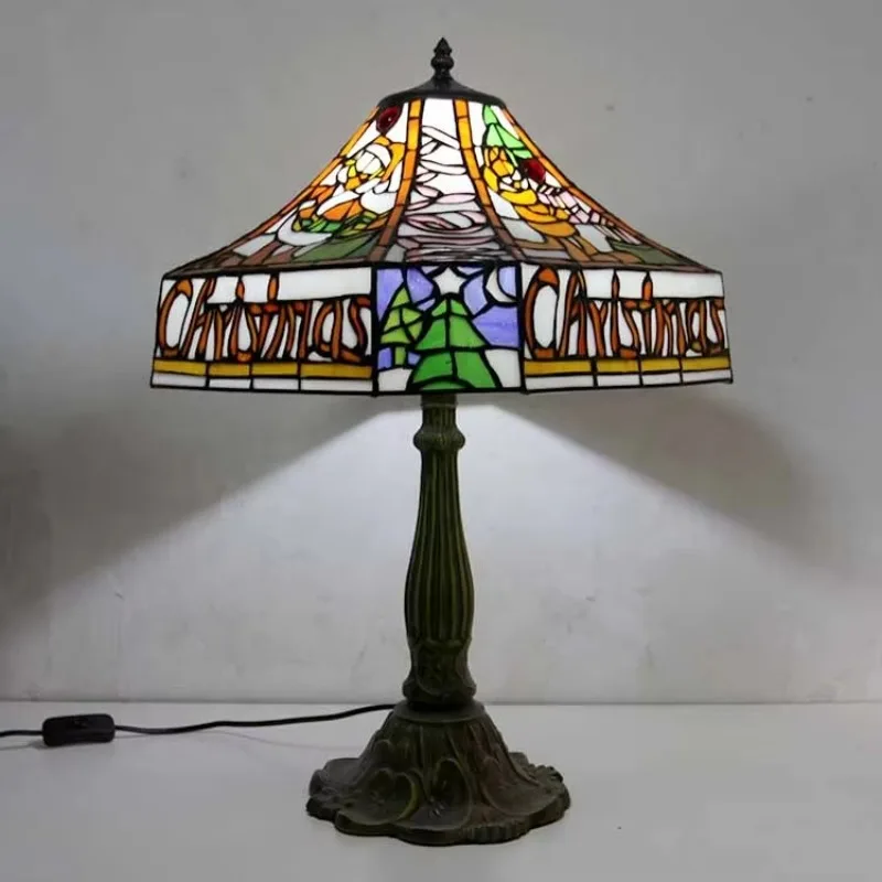 

Floral stained glass lampshade, antique art style, desk lamp with lotus metal base