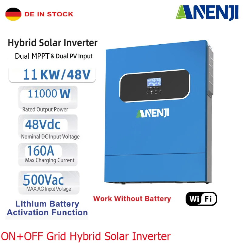 11KW Hybrid Solar Inverter Dual MPPT Pure Sine Wave Inverter Dual PV Input 48V 230VAC 160A 150A Solar Charger PV 500VDC WIFI