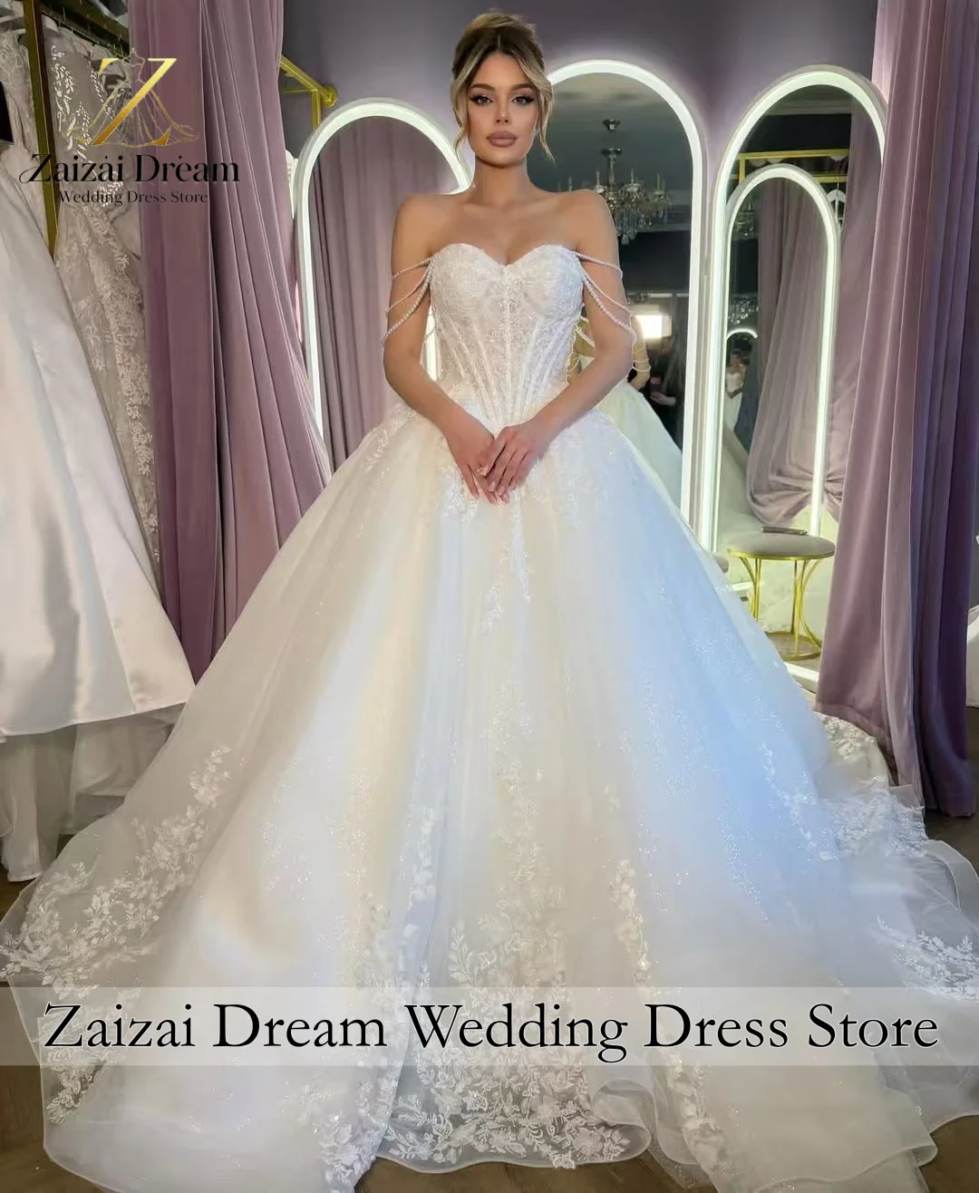 Customzied Elegant Pearl Draped Wedding Dress Sweetheart Corset Bridal Gown Princess Ball Gown Lace Applique Vestido De Novia