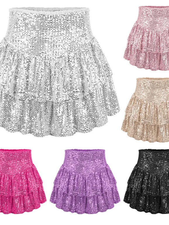 스트리트 슬레 스파이시 걸 캐주얼 스팽글 섹시 하이웨이스트 이중 레이어 러플 플리츠 케이크 스커트 여성 패션