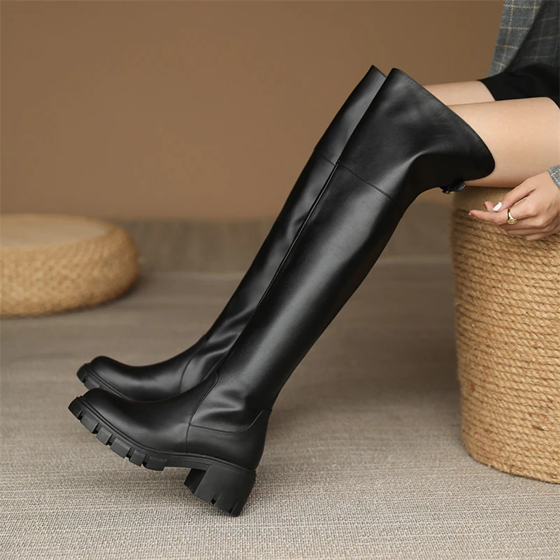 Meotina Women Genuine Leather Over-the-Knee Long Boots Round Toe Platform Thick High Heel Zipper Buckle Lady Shoes Autumn Winter