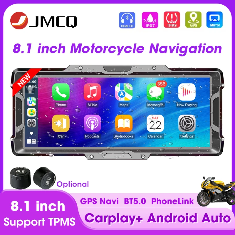 JMCQ 8.1 inch Motorcycle Display Screen Portable Digital Dashboard Wireless Carplay Android Auto Motobike Waterproof BT Monitor
