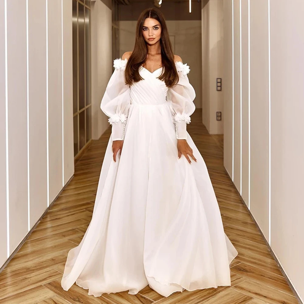 

Elegant Bubble Long Sleeve Wedding Dresses Women's White Sexy One Shoulder Tulle Pleated Princess Bridal Gowns A-Line Vestido De