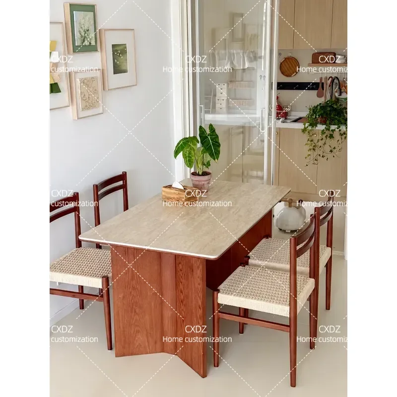 French retro simple modern rock slab solid wood dining table household small apartment premium rectangular dining table cream