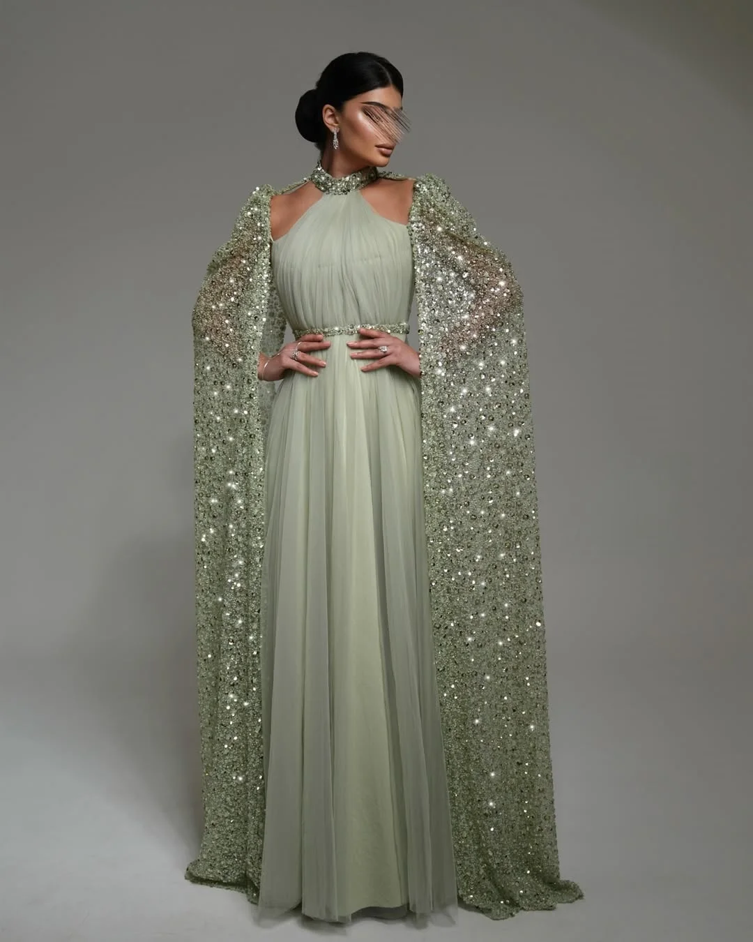 

Elegant Luxury Tiered Tulle Crystal Beaded Sequins Pearls Shawl Sashes O Neck Mermaid Evening Prom Wedding Formal Party Dress