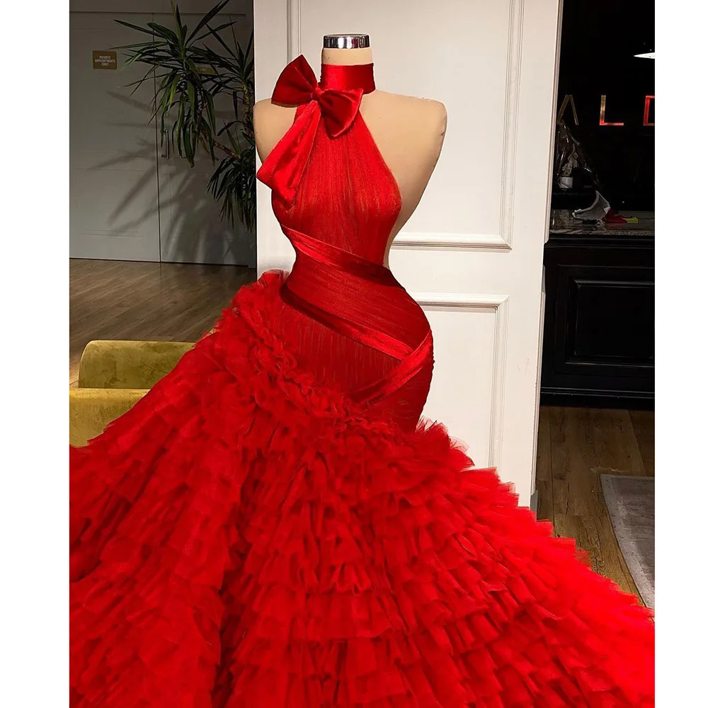 

Gorgeous Red Evening Dress Sleeveless Bow Puff Organza High Floor Length Chapel Train Formal Occasion Luxury Women Wedding Gown