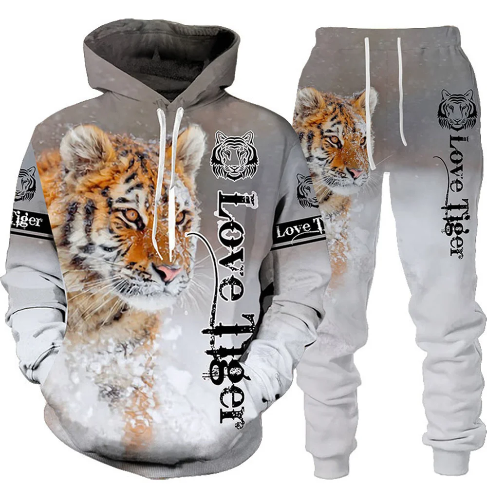 Ensemble de survêtement imprimé tigre animal 3D pour hommes et femmes, sweat à capuche et pantalon imbibés, vêtements de sport cool, vêtements d'automne et d'hiver, nouveau, 2 pièces