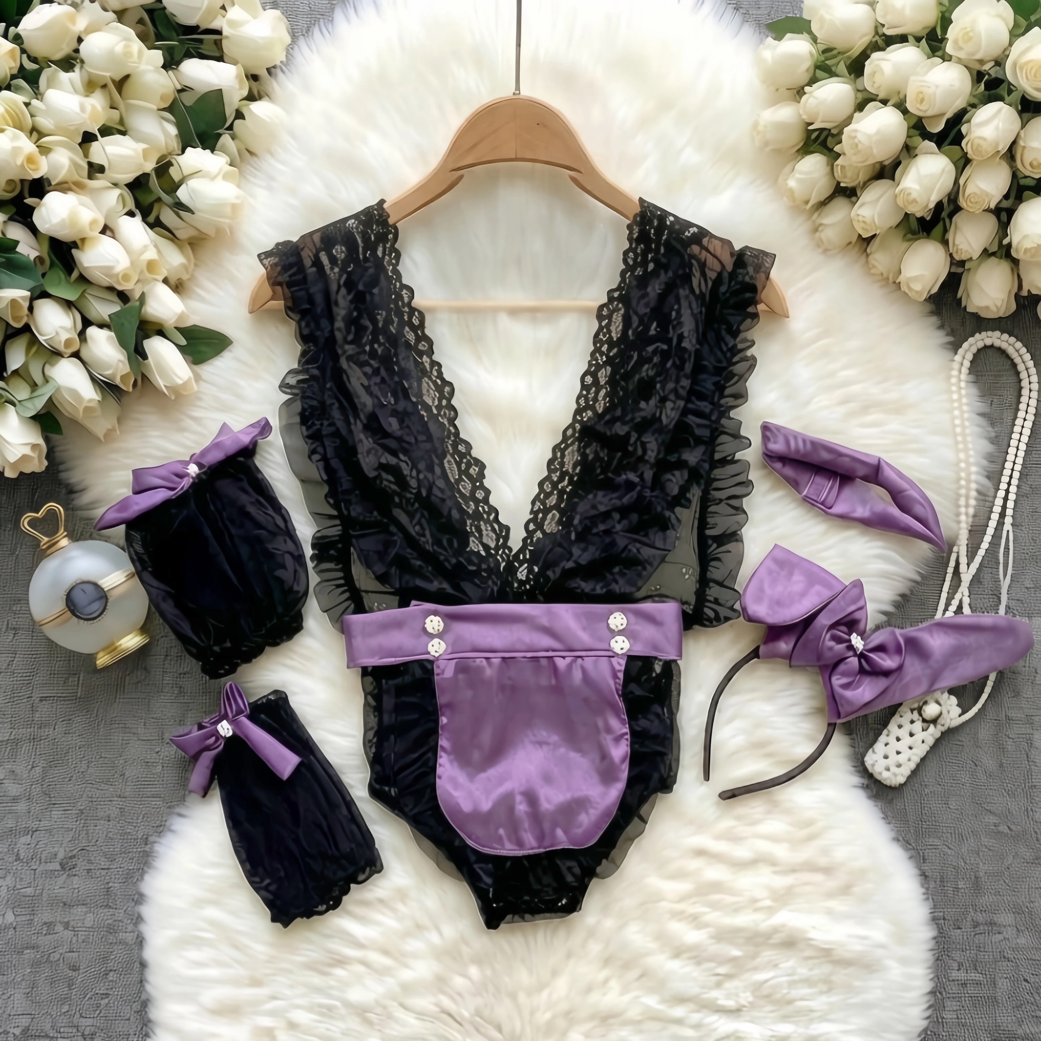 Hotsweet Lace Mesh Bodysuit Maid Uniform Sexy Lingerie Pajamas Women Clothing Purple Outfits Cosplay Costumes Bunny Girl Club