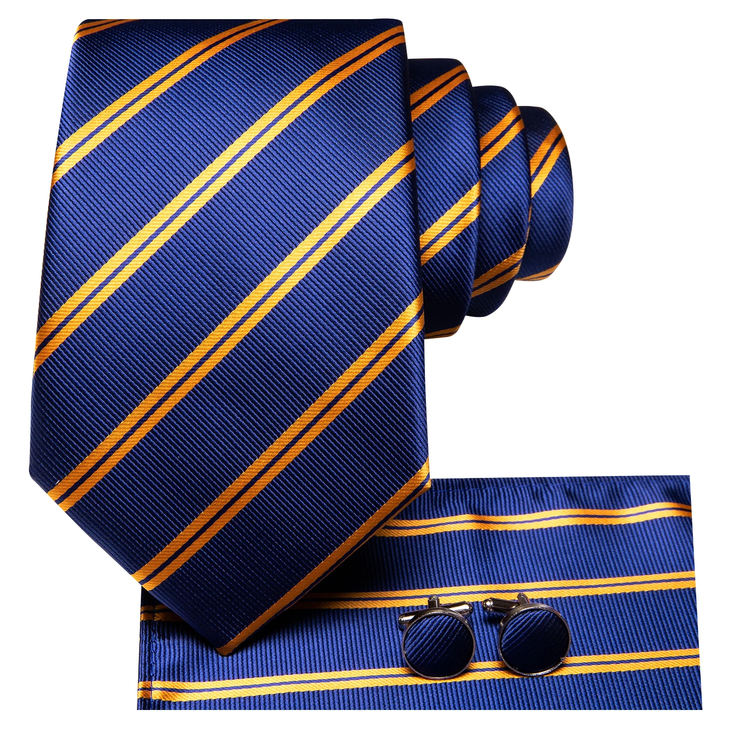 Conjunto de Corbata a Rayas, Pañuelo de Bolsillo y Gemelos para Hombre, Color Azul Marino y Amarillo, para Bodas, Negocios y Fiestas