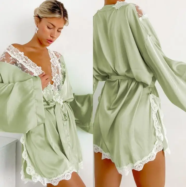 Summer New Silk Satin Cool Nightgown Women's Lace Lace Stitching Thin Cardigan Strap Home Service