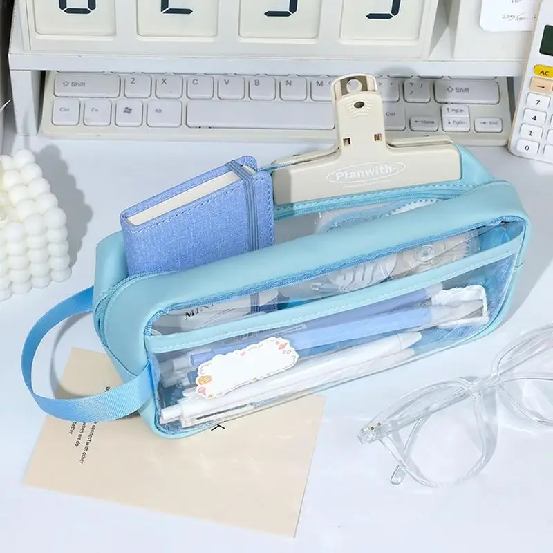 กระเป๋าดินสอ PVC ใสมีซิปความจุสูงกระเป๋าใส่ปากกาแบบพกพาได้อุปกรณ์จัดระเบียบโต๊ะทำงานแบบพกพาสำหรับวัยรุ่น POUCH pensil โรงเรียนและ