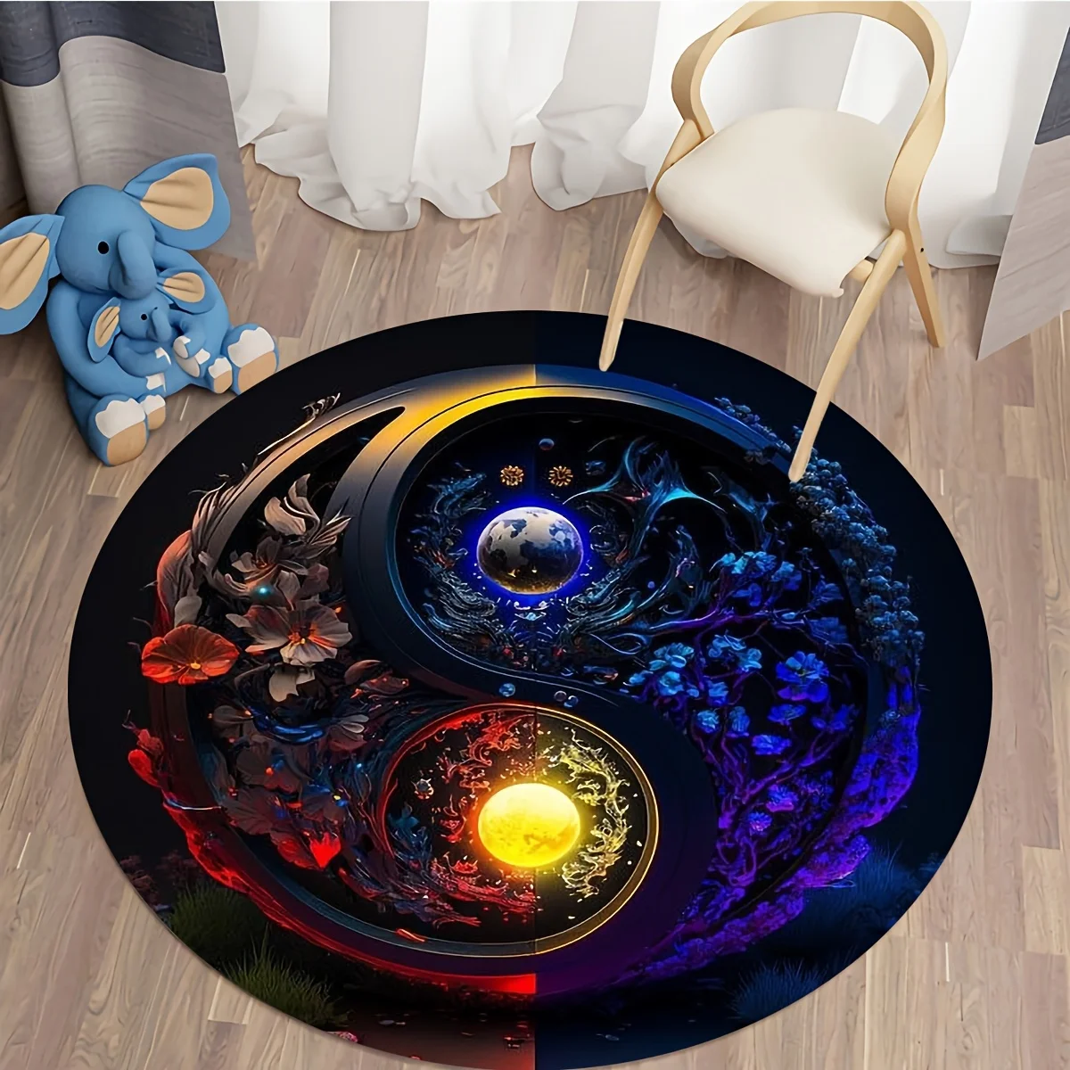 Colorful Yin Yang Floral Planet Round Rug  Day Night Sun Earth Tai Chi Circular Mat Mystic Botanical Art Meditation Room  Carpet