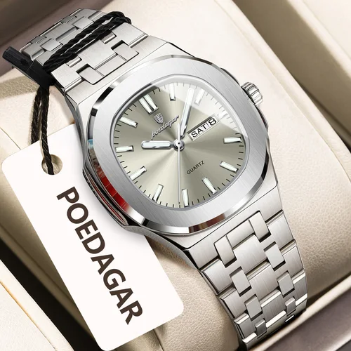 POEDAGAR, reloj cuadrado de moda para mujer, luminoso, resistente al agua, fecha, semana, reloj de mujer, relojes casuales de cuarzo de acero inoxidable para mujer