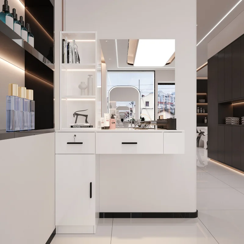 custom.Modern styling hair salon beauty salon furniture wood paint white vertical barber mirror station unit work