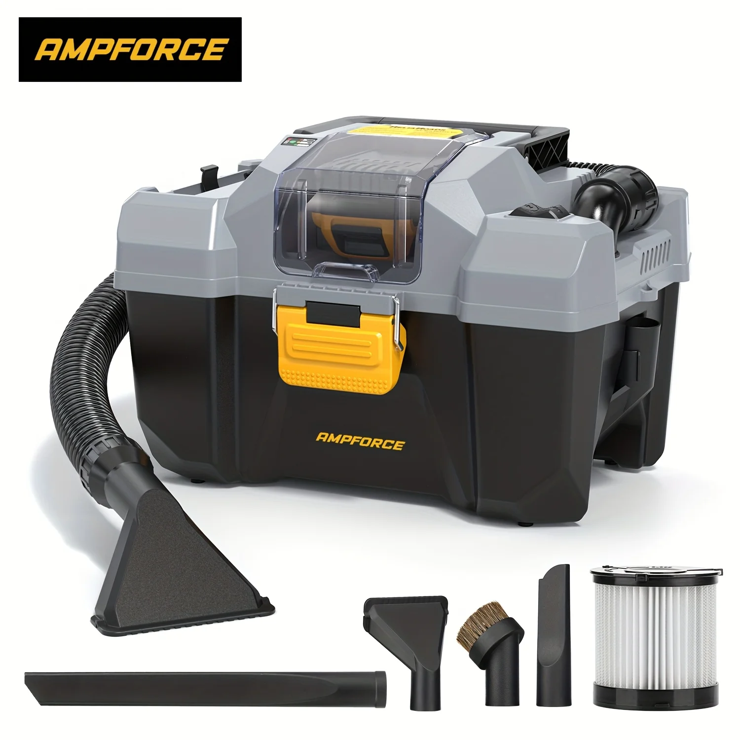 

AMPFORCE 20V Cordless Wet/Dry Vacuum Set, 2 Gallon Capacity, Powerful Suction, Compatible With 20V De-WaIt Batteries (Battery Not Included), With Long Hose, Four Nozzles, A Replacement Cartridge, Ideal For Home, Car And Workshop