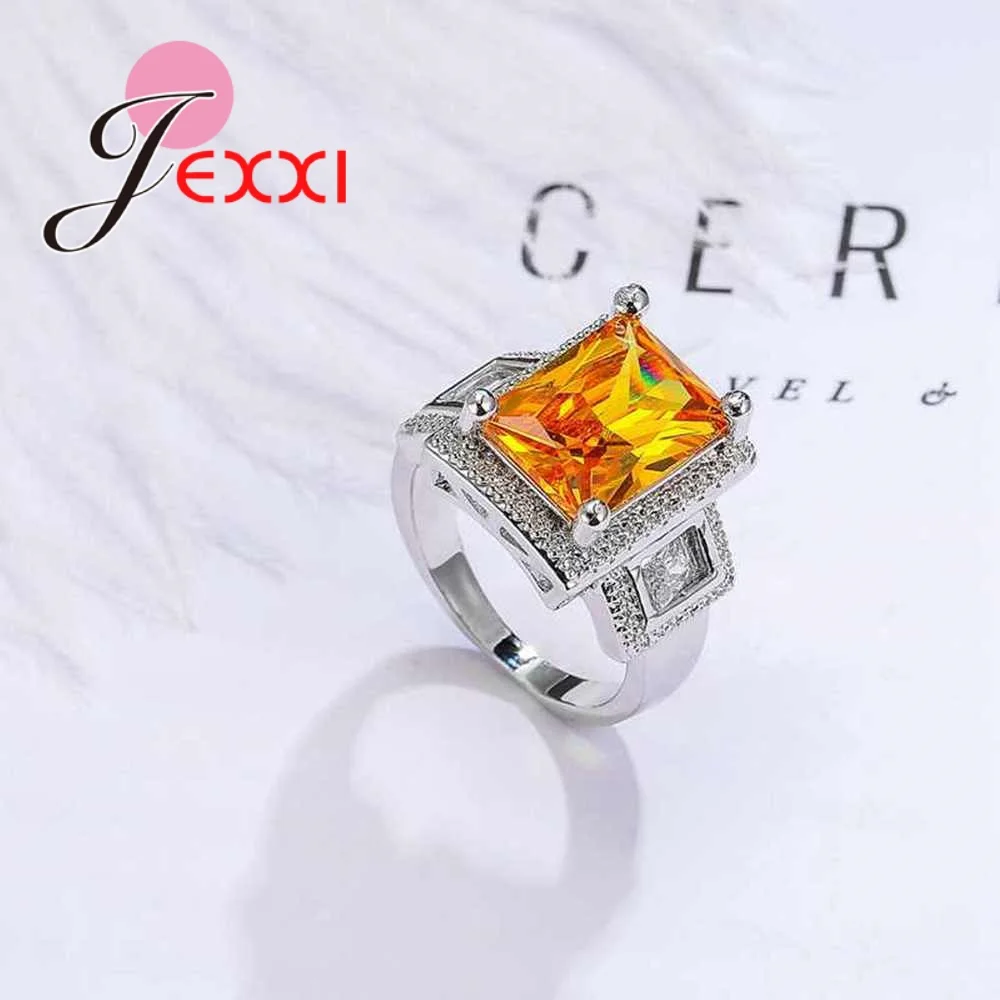 New Fashion Square Cut Yellow Stone Jewelry Ring Trendy Fine Casual Party Wear Anel AAA CZ Stone 925 Sterling Silver