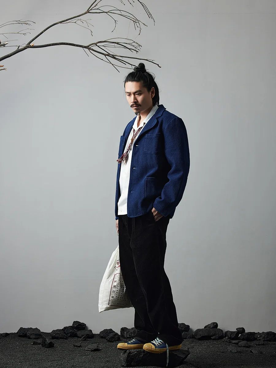 Nowa Wiosenno-Jesienna Kurtka Indygo Ręcznie Robiona Kurtka Indygo Roślinnego Casualowa Marynarka Retro Francuska Odzież Robocza