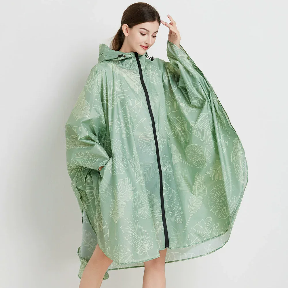

Green Banana Leaf Print Women's Waterproof Raincoat Windproof Biker Cloak Style Poncho Big Size Outdoor Rainwear for Adults