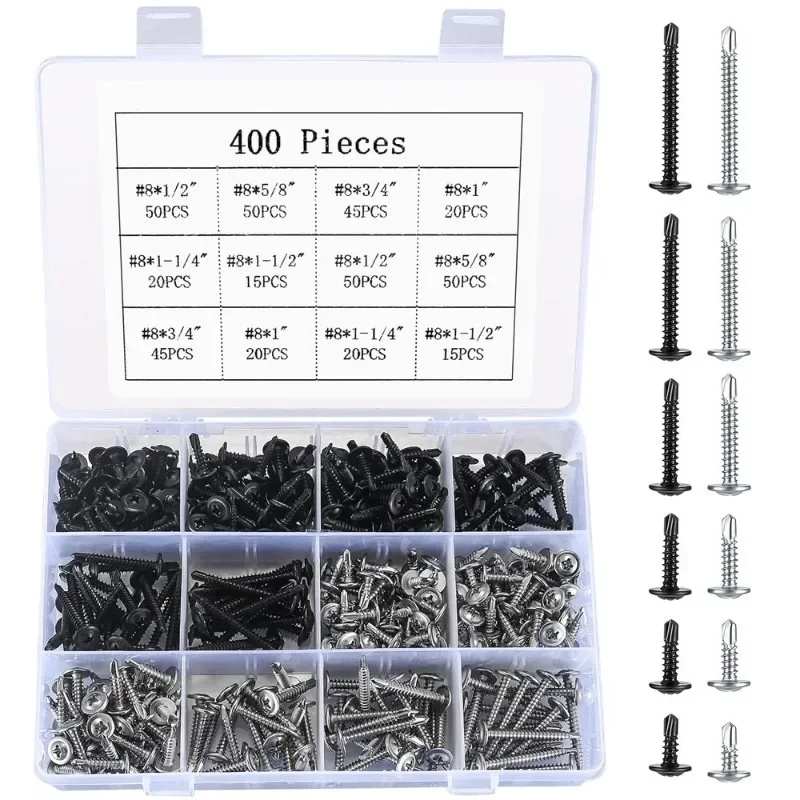 400Pcs Self-tapping Screws with Washers Set Stainless Steel+Black Sarbon Steel Cross Drill Tail Screws Nail Screw Assortment Kit