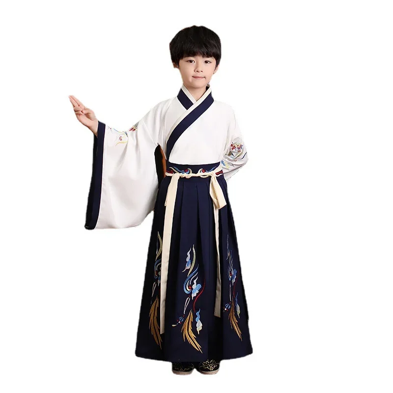 2Colors Chinese Children Team Dance Costumes for Boys Traditional Kids Autumn Hanfu Tang Suit Stage Performance Kimono Skirts