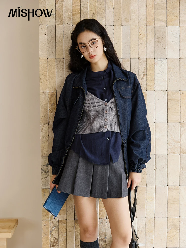 MISHOW Giacca blu da donna 2025 Autunno retrò allentato colletto alla coreana orlo con volant giacca corta pendolari top a maniche lunghe MXE47W0892