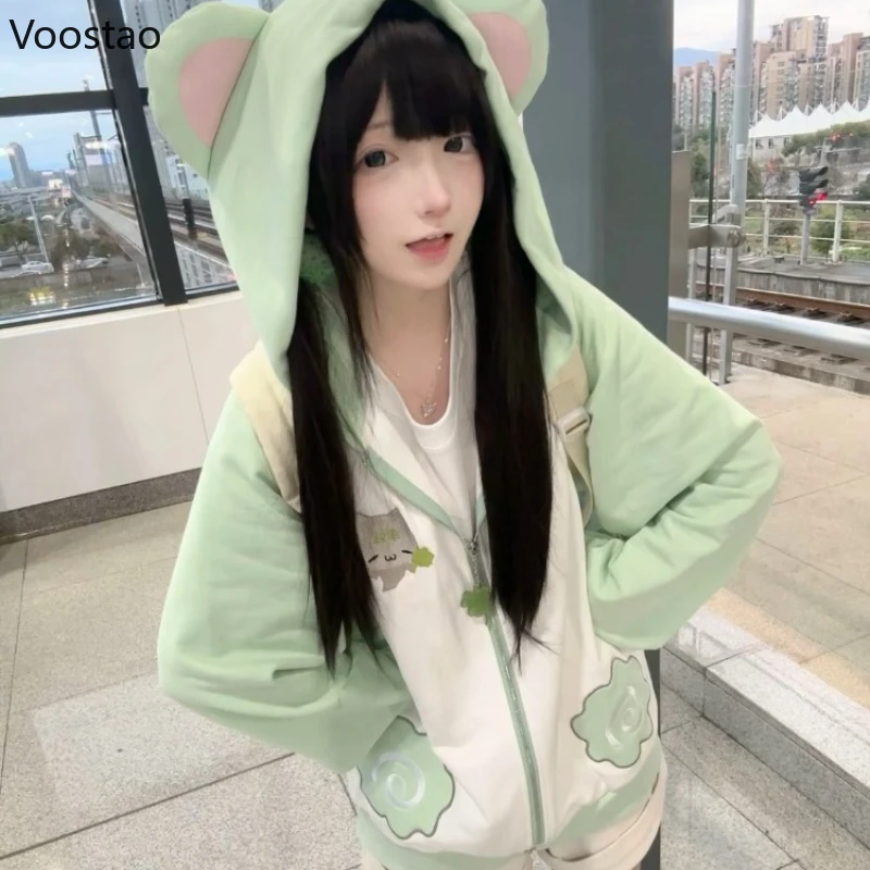 اليابانية Kawaii لوليتا سستة هوديس المرأة الحلو الدب آذان مقنعين معاطف الخريف الجرونج هودي Y2k التطريز فضفاض ​ ​ بلوزات