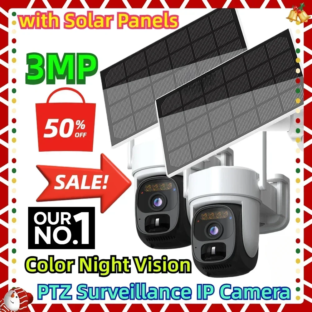 

3MP HD Color Night Vision Motion Detect PTZ Surveillance IP Camera Smart Solar WIFI Security Cameras with Solar Panels