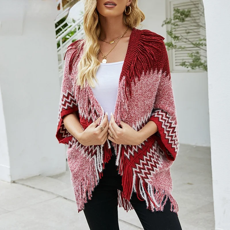 

Autumn and Winter Fashion New Irregular Knitted Cloak Shawl Tassel Hem Loose Color Matching Sweater Women Ponchos and Capes