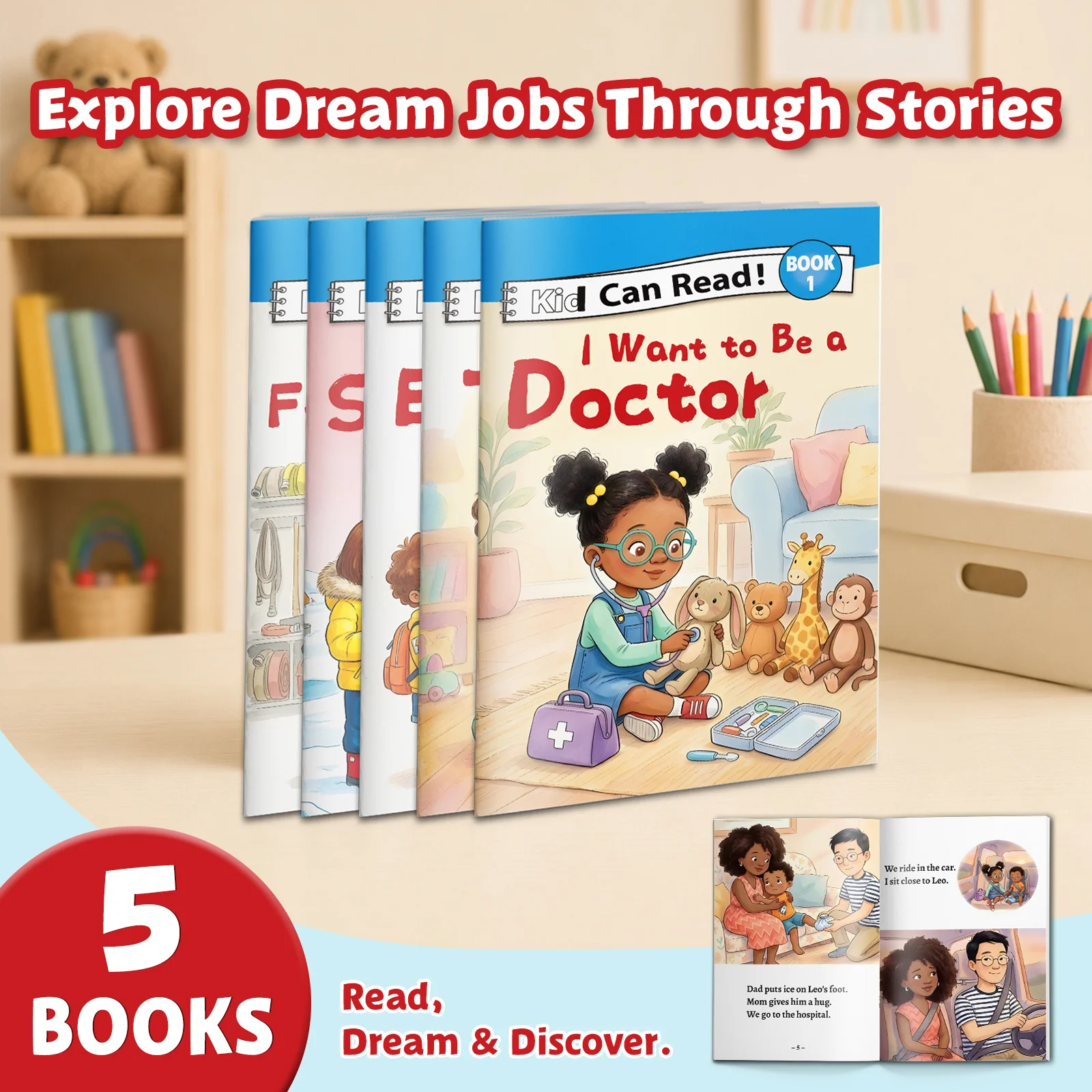 5-Book Career Exploration & Early Reading Collection, I Want to Be a Doctor, Teacher, Engineer, Scientist and Firefighter