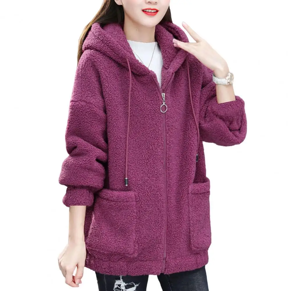 Women Hooded Coat Chic Fleece Thick Solid Color Pockets Long Sleeves Loose Warm Plush Zipper Cardigan Winter Jacket for Outdoor