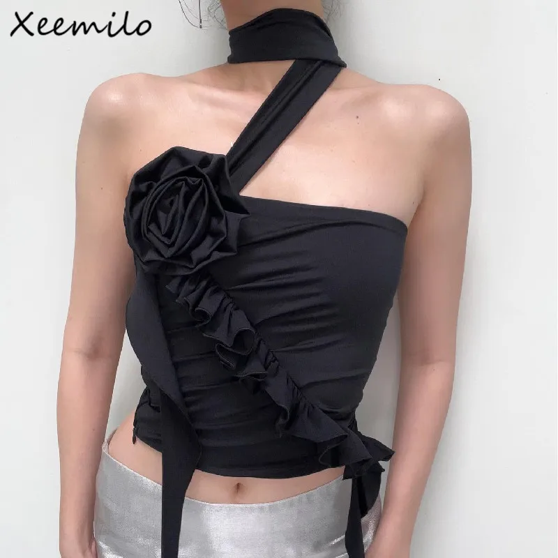 

Xeemilo Gothic Off Shoulder Flower Ruffles Tank Top Y2K Streetwear Solid Backless Crop Tops Summer Aesthetic Sleeveless Corsets