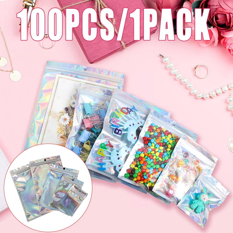 100PCS/1Pack Halloween Laser Ziplock Beutel Wiederverschließbare Kunststoff Holographische Süßigkeiten Beutel Weihnachten Schmuck Lebensmittel Lagerung Tasche Fällen