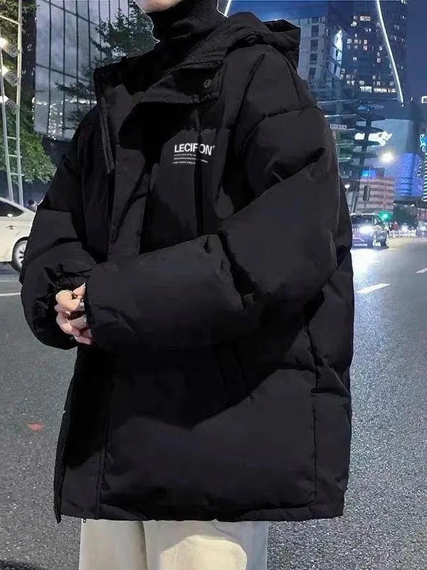 

Men's Winter Thiened Cotton Jaet Bla down Puffer Bread Sle Hong Kong Sle Loose Fit Insulated Outerwear Coat