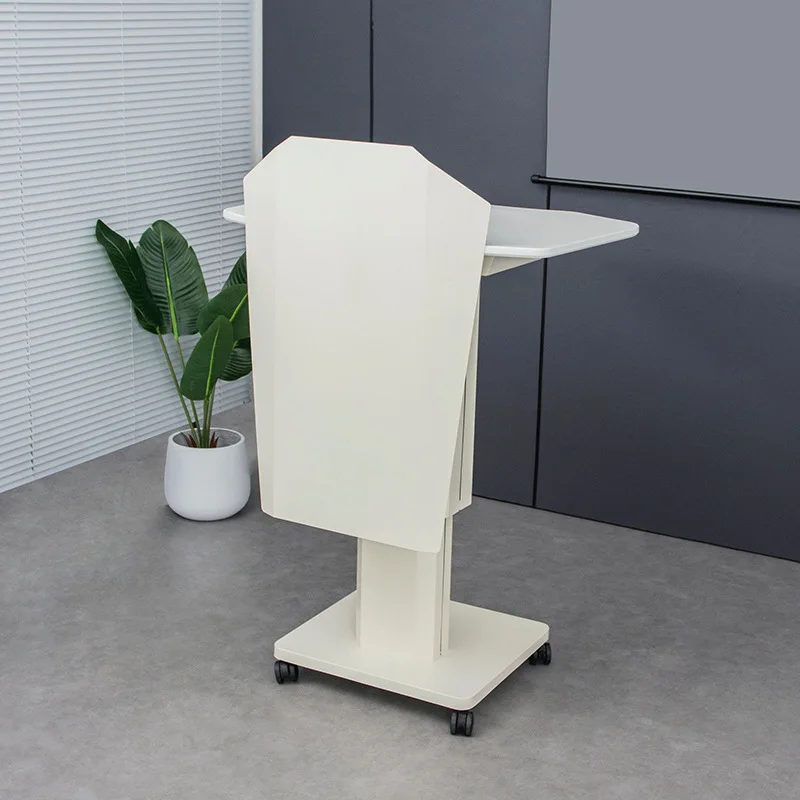 โต๊ะยกไฟฟ้าสีขาว แท่นบรรยายแบบเรียบง่าย โต๊ะบรรยายเหล็กและไม้ โต๊ะประชุมเคลื่อนที่สำนักงาน แท่นบรรยายขนาดเล็ก