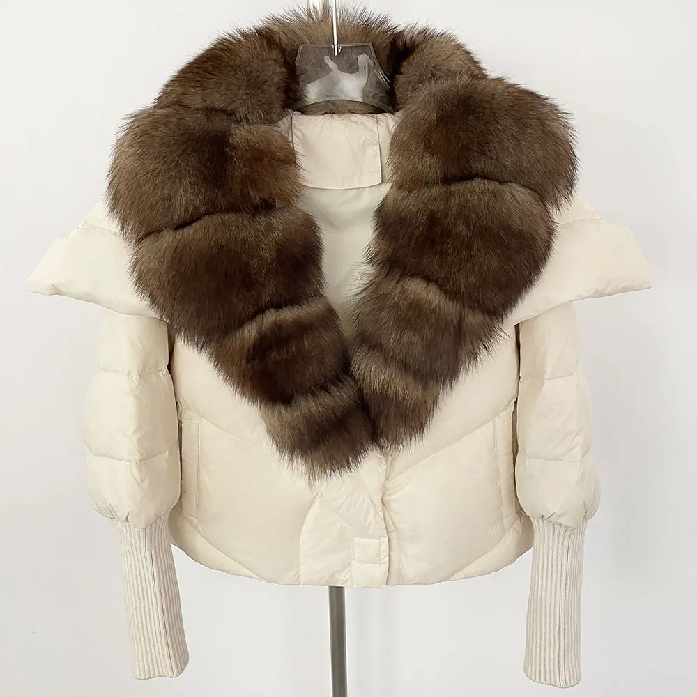 

Puffer Jacket Winter White Duck Down Coat 2025 Women Real Natural Fox Fur Collar Thick Warm Casual Outerwear Short Fur Jacket