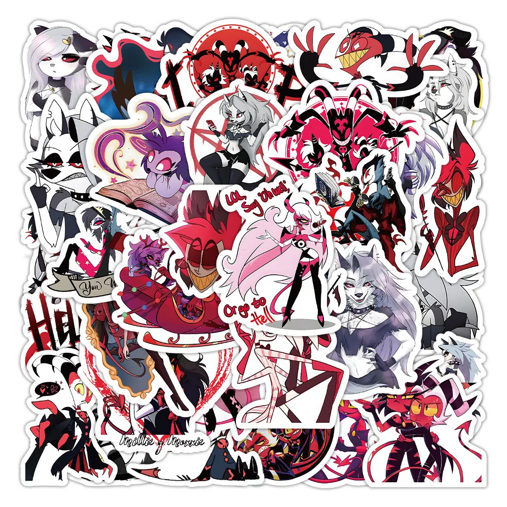 50 листов острых наклеек в стиле аниме Helluva Boss-наклейки с героями мультфильмов для мотоциклетных шлемов и музыкального фестиваля «сделай сам»
