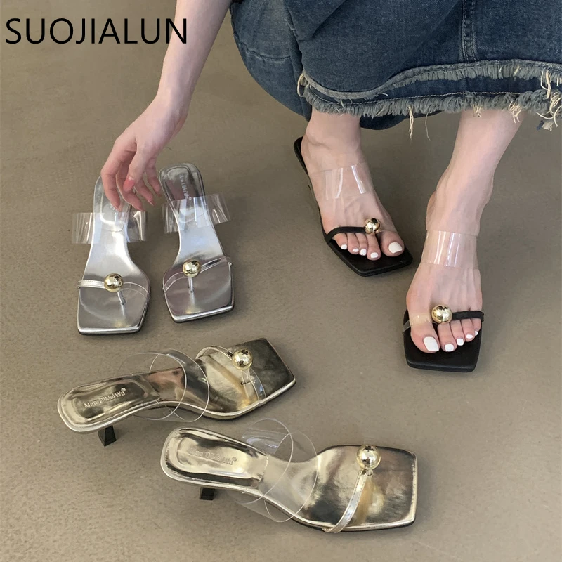 SUOJIALUN Summer New Brand Women Slipper Fashion Gold Buckle Ladies Elegnat Slides Thin High Heel Outdoor Dress Vaction Sandal