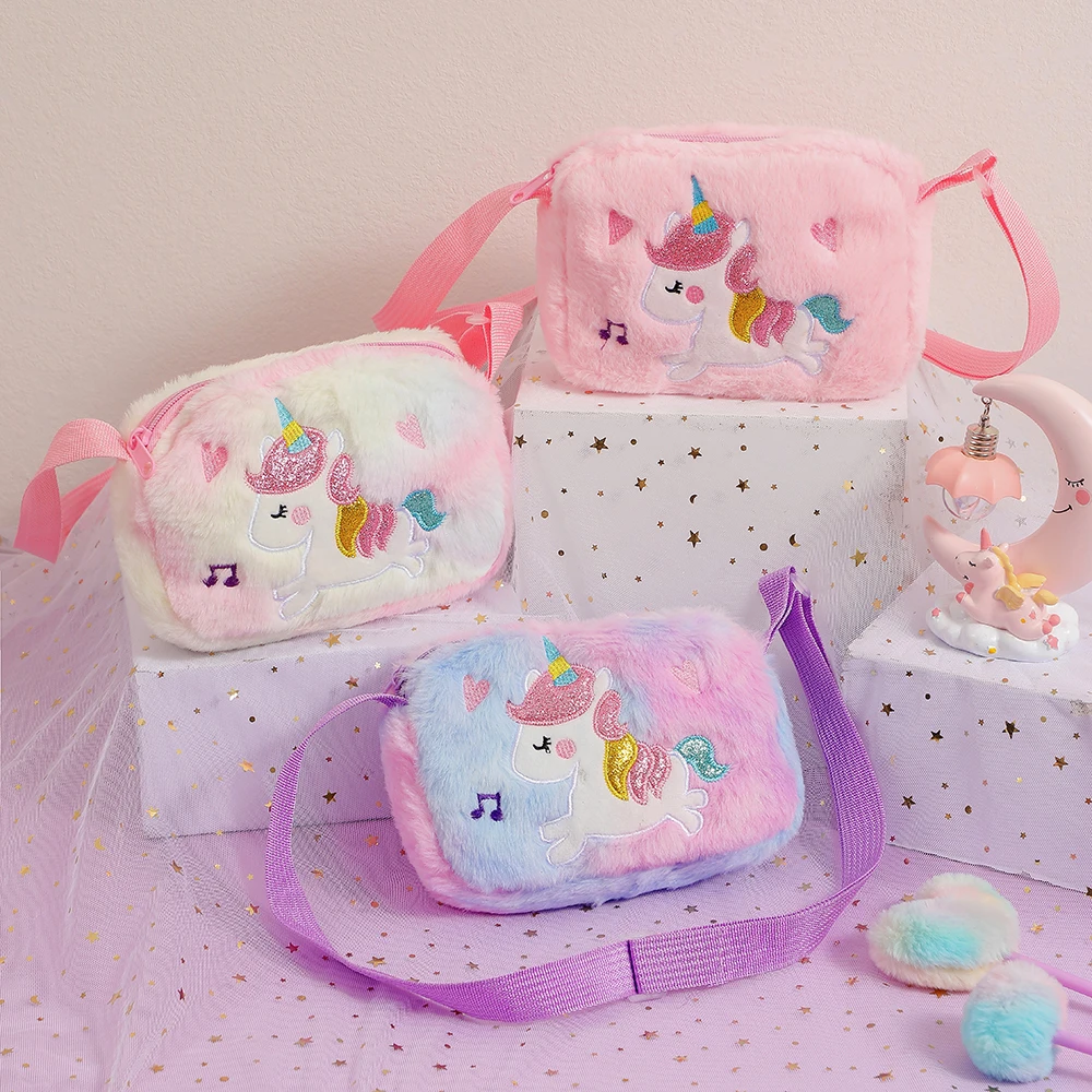 Cute Square Plush Crossbody Bag Girls Cartoon Rainbow Unicorn Shoulder Bag Zero Wallet Kindergarten Children Gifts