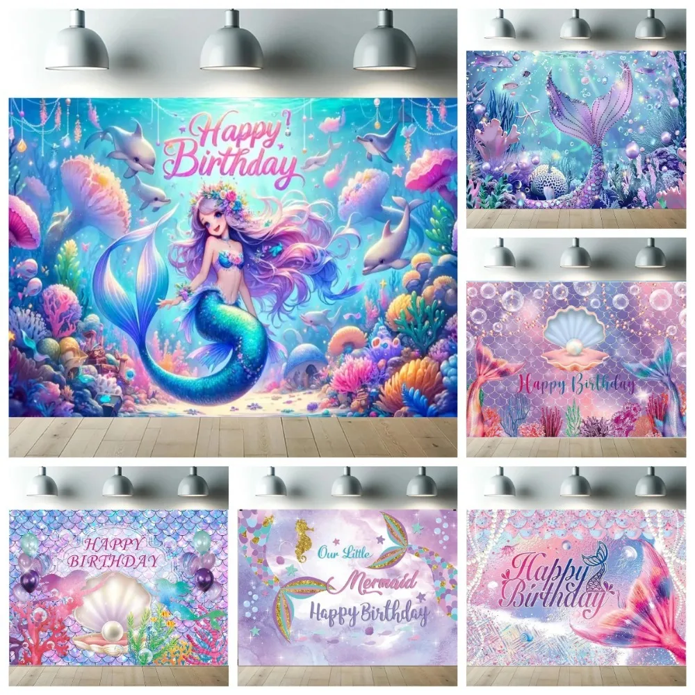 

Underwater Castle Sparkling Mermaid Themed Banner Background, Children's Birthday Party Decoration Photography Studio Background