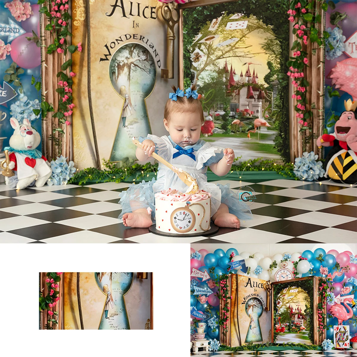 Wonderland Themed Photography Backdrop Magical Book Scenario Balloons Fantasy Elements Kids Cake Smash Fairytale Backgrounds