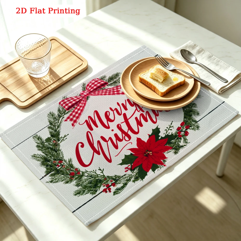 Merry Christmas Wreath With Bow Kitchen Placemat Coaster Linen Pad Dish Coffee Cup Table Mat 30x40cm Home Decor