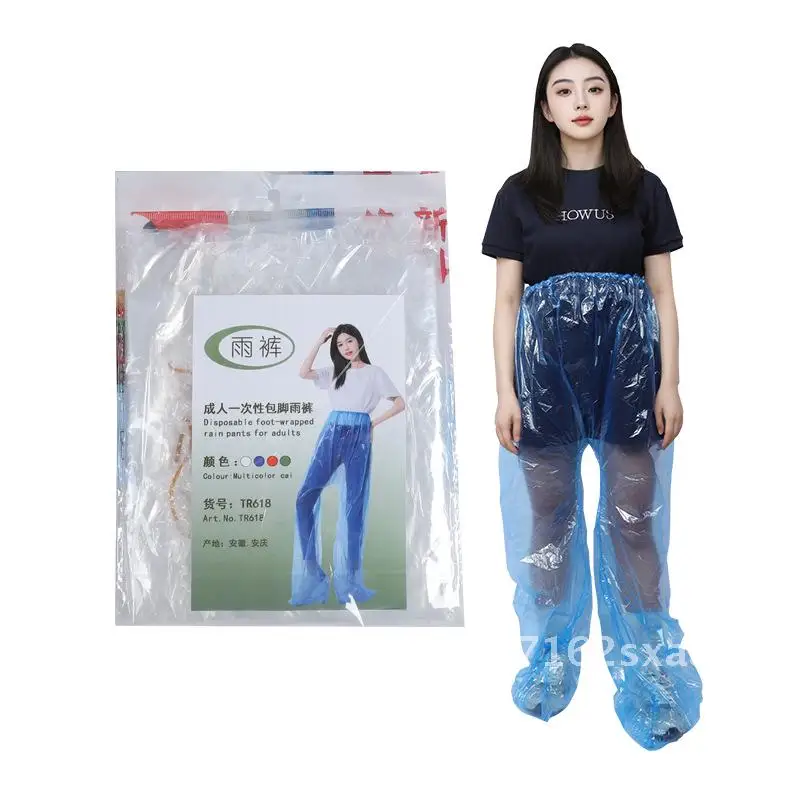 

Disposable Thickened PE Plastic Rain Pants Waterproof Outdoor Foot Bag for Hiking Cycling Travel - White Blue Adult Size