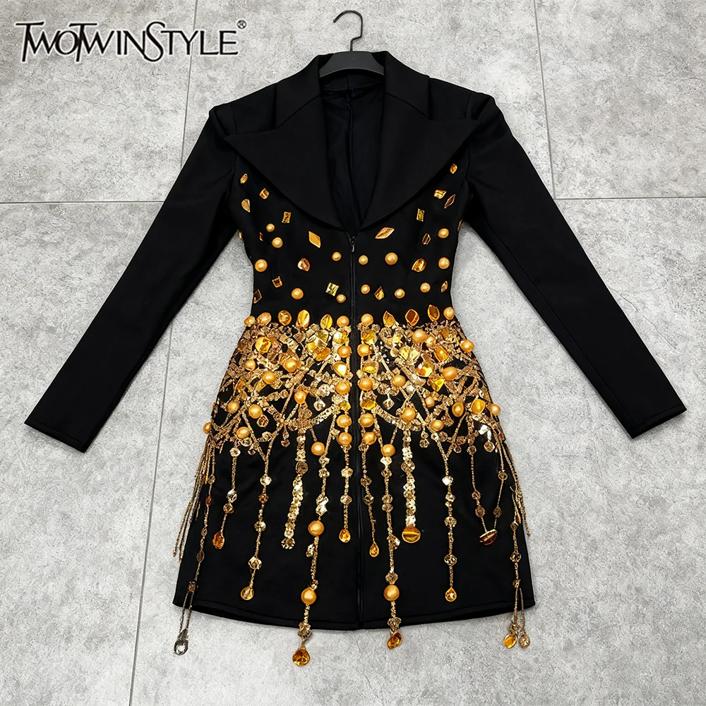 

TWOTWINSTYLE Design Sense Короткие платья с пайетками для женщин с v-образным вырезом и длинным рукавом с высокой талией Шикарное женское платье Новое KDR533462