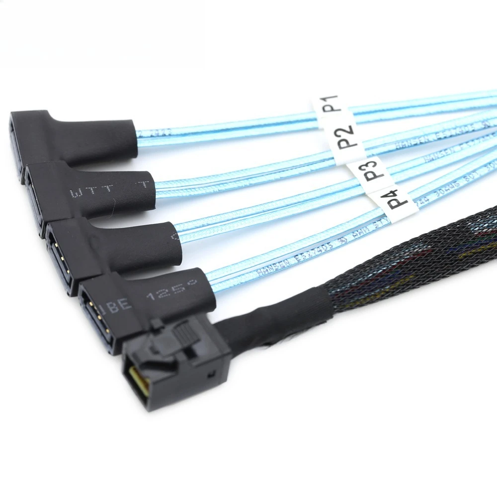 Mini SAS SFF-8643 إلى 4 SATA 7P خادم ذكر عالي السرعة طول الكابل اختياري 0.5 متر 1 متر