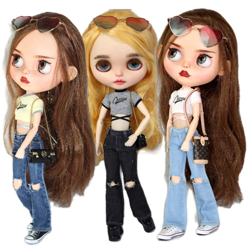 For Blythe Doll Clothes Perforated Flared Jeans for Ob24 Ob22 Azone Dolls Pants Outfit